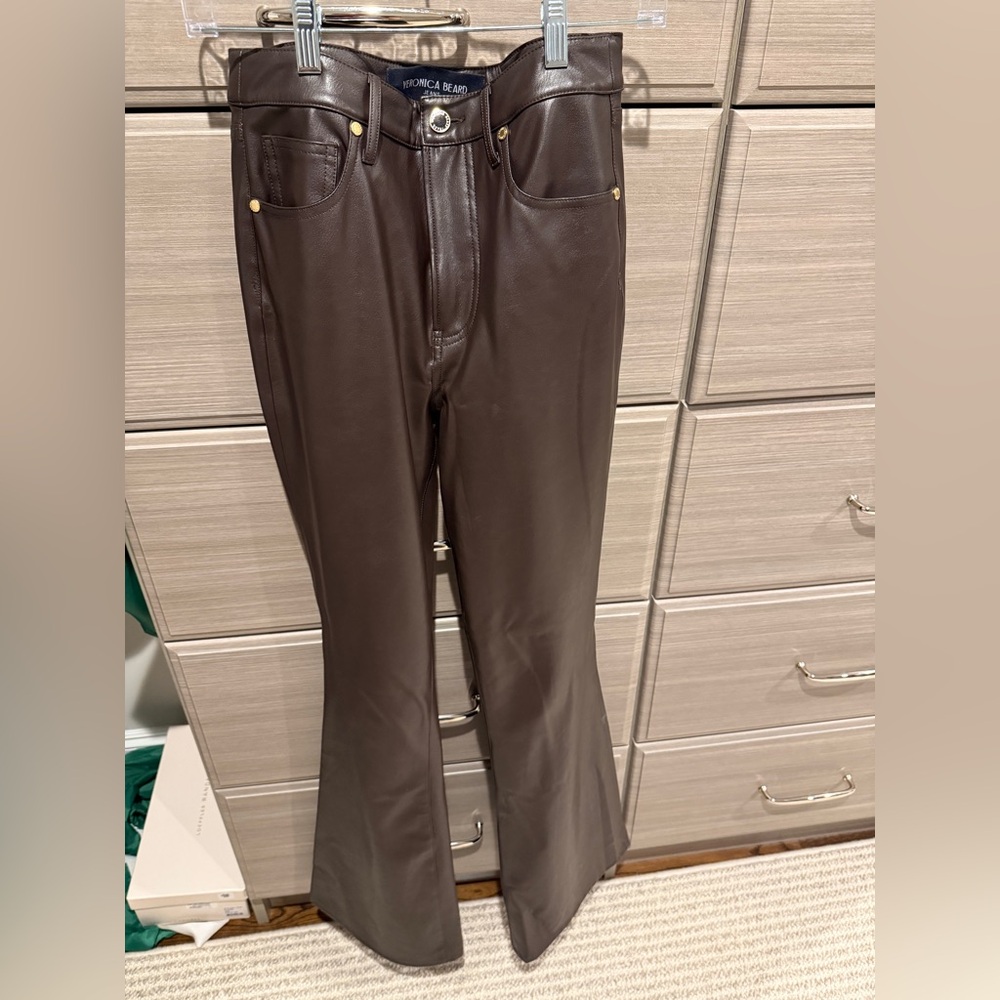 Veronica Beard Dark Brown Faux Leather Flare Pants - Picture 3 of 7